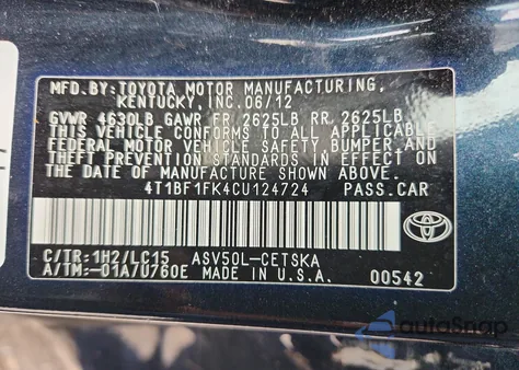 2012 Toyota Camry Se z USA, uszkodzony, nr VIN 4T1BF1FK4CU124724